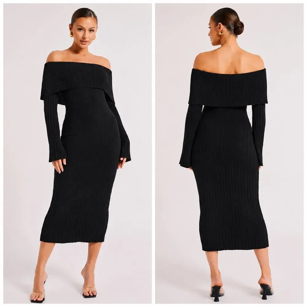 Meshki Stefania Off Shoulder Knit Midi Long Sleeve Dress Black size M New - Picture 1 of 7